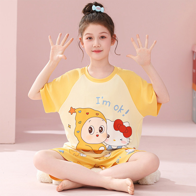 夏季新款纯棉短袖短裤儿童睡衣女童中大童卡通动漫家居服套装