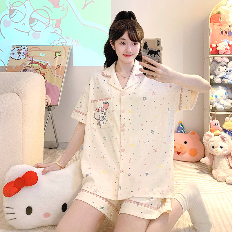 纯棉睡衣女夏季短袖短裤甜美可爱卡通少女学生kitty猫家居服套装