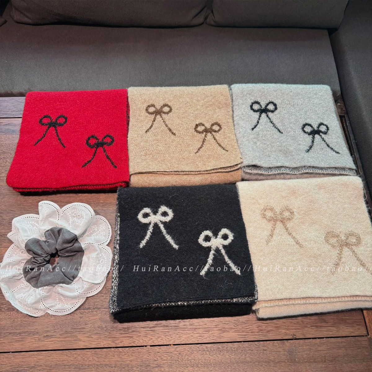 韩系手工扎花蝴蝶结毛绒保暖围巾女2025新款秋冬季氛围感百搭围脖