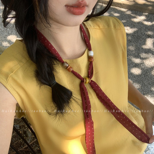 复古风红色波点串珠丝巾项链