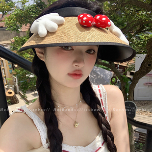 夏季 米奇手掌草编防晒帽2025新款 女士防紫外线大帽檐空顶遮阳帽子
