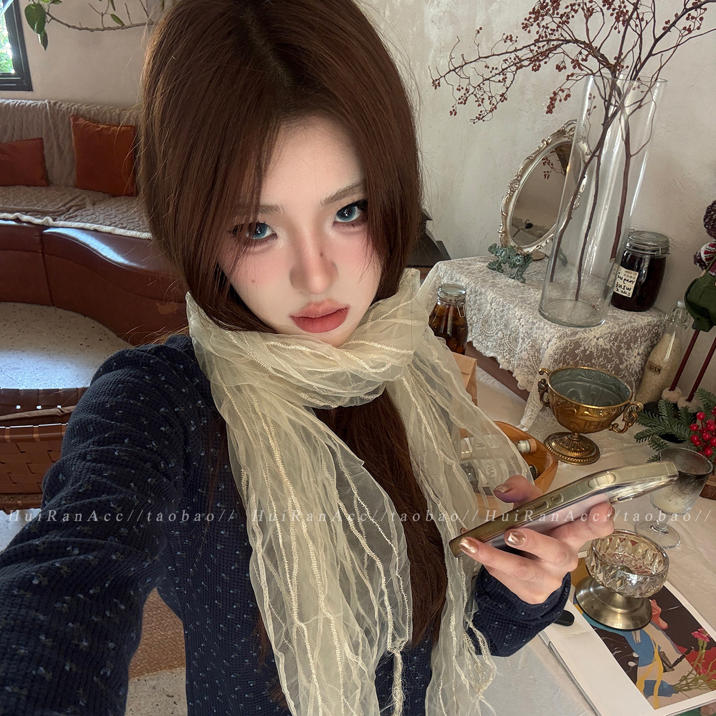 超仙欧根纱条纹流苏系脖丝巾女2026春秋季轻薄围巾慵懒风百搭披肩