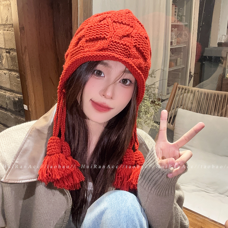 针织流苏毛线帽女秋冬季韩版绑带甜美可爱出游显脸小保暖护耳帽子