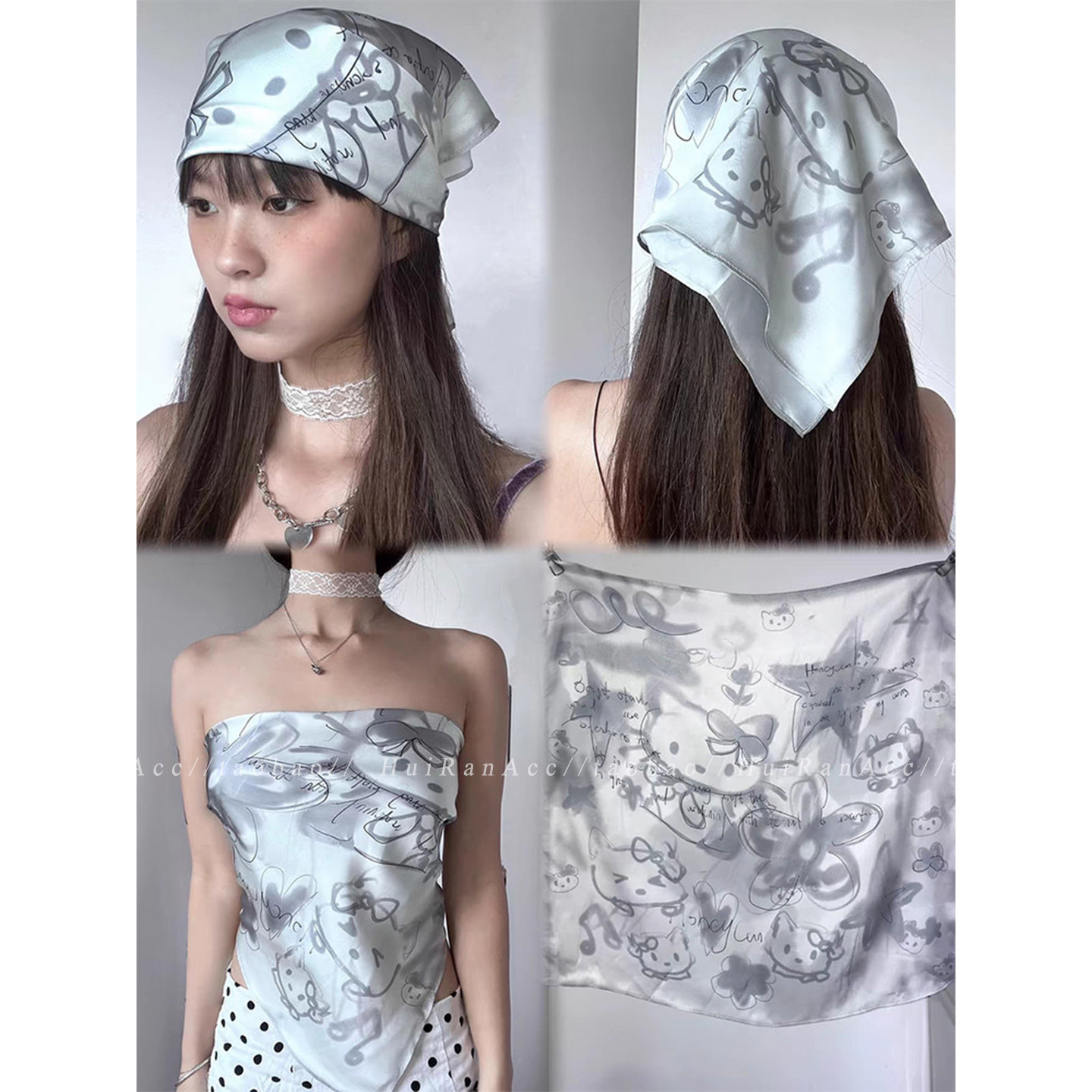 定制款~手绘涂鸦灰色HelloKitty头巾女款夏季y2k辣妹丝巾抹胸方巾