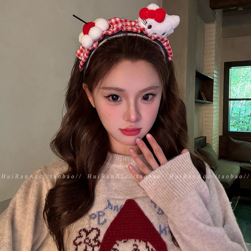 可爱Kitty猫毛绒格纹发箍女