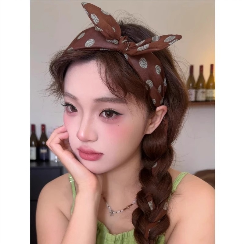 复古小耳朵～新款复古波点宽边发箍可调节耳朵飘带氛围感少女头箍
