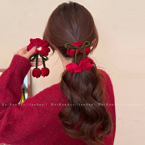 新年头饰喜庆红色植绒玫瑰花发圈