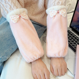 韩系毛绒蝴蝶结防脏袖套女2026新款秋冬上班做家务防污护袖口套袖