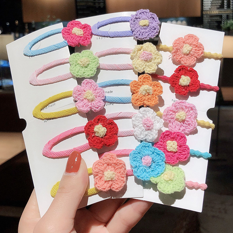 泫雅风彩色毛线花朵发夹头绳套装韩版少女边夹发卡皮筋发绳头饰女热销151件限时秒杀