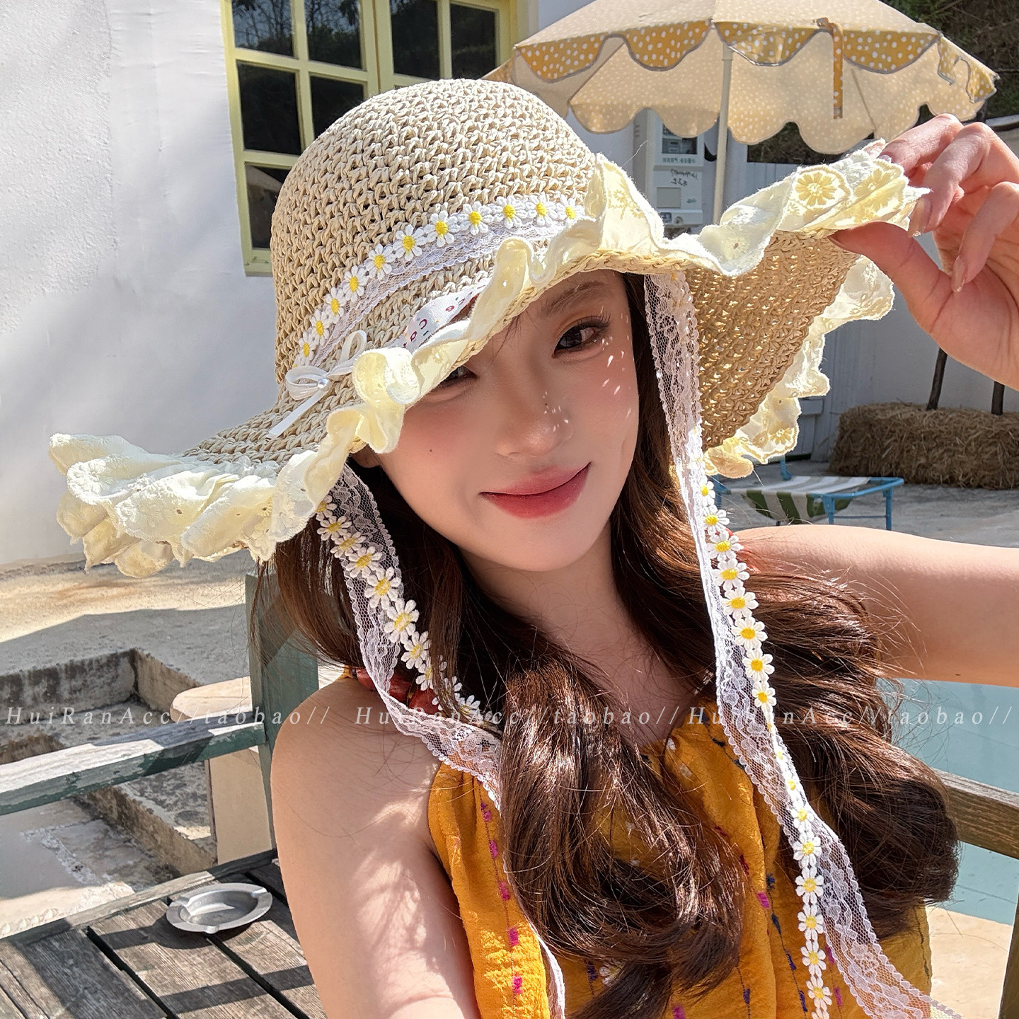 小雏菊甜美蕾丝飘带草帽女2026新款夏遮阳防晒帽子海边度假大帽檐