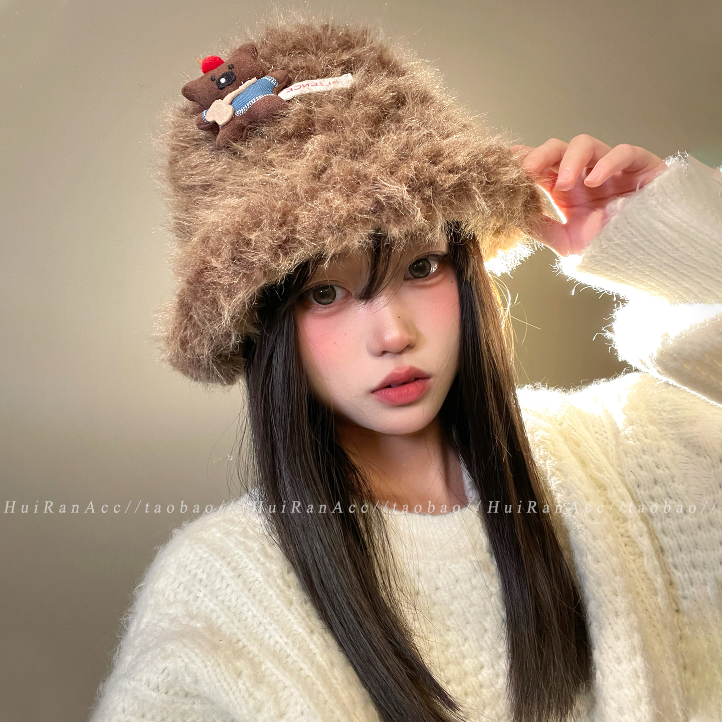 可爱小熊毛绒渔夫帽女显脸小