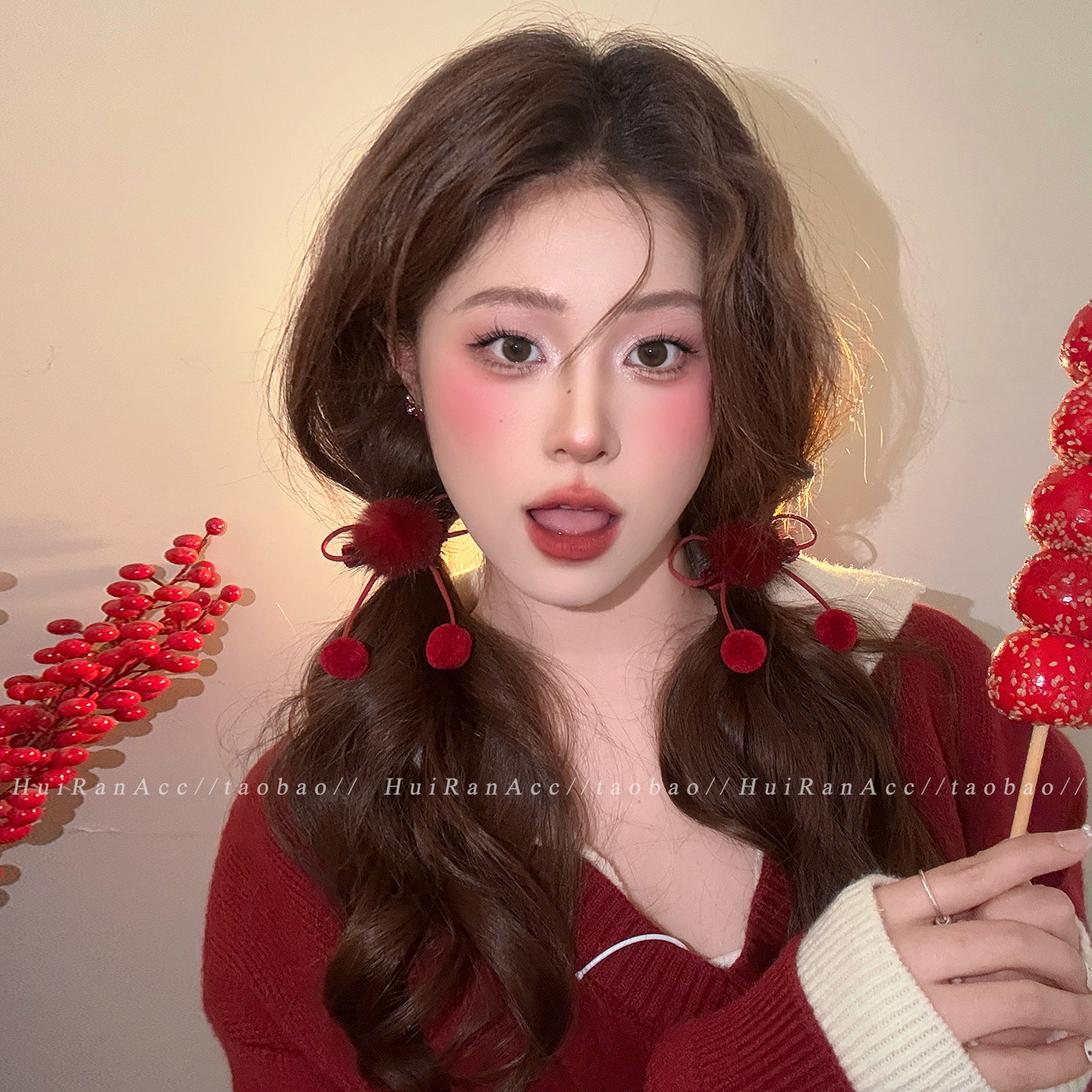 新年喜庆红色蝴蝶结毛球发夹女2026新款氛围感双马尾对夹甜美发饰,饰品/流行首饰/时尚饰品新,发饰,淘宝优惠券,粉丝福利购,淘宝优惠卷