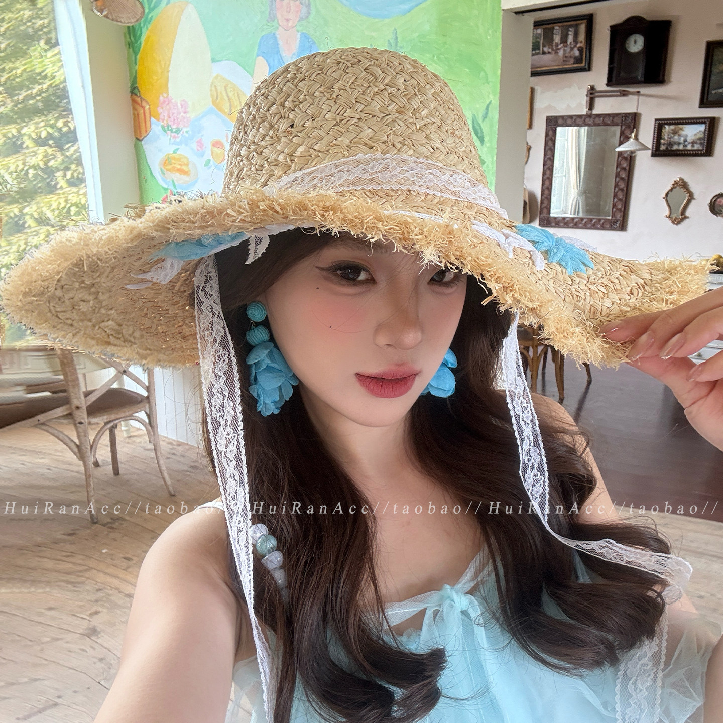 海边沙滩度假毛边拉菲飘带草帽女2026新款夏季大帽檐遮阳防晒帽子