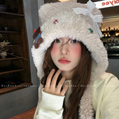 可爱蝴蝶结小熊毛绒帽子女2026新款 冬季 保暖护耳防寒显脸小雷锋帽