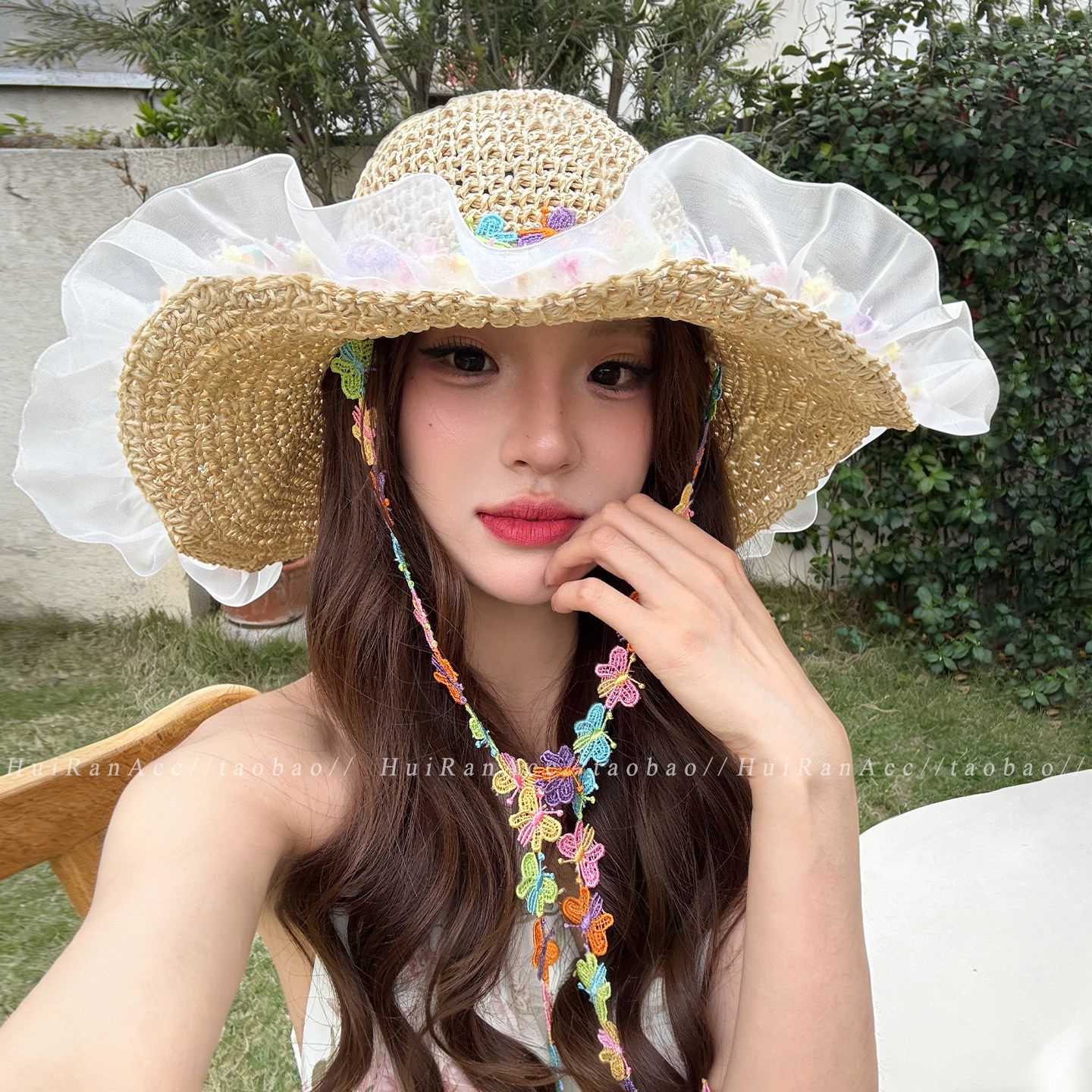 彩色蝴蝶流苏草帽海边拍照出片