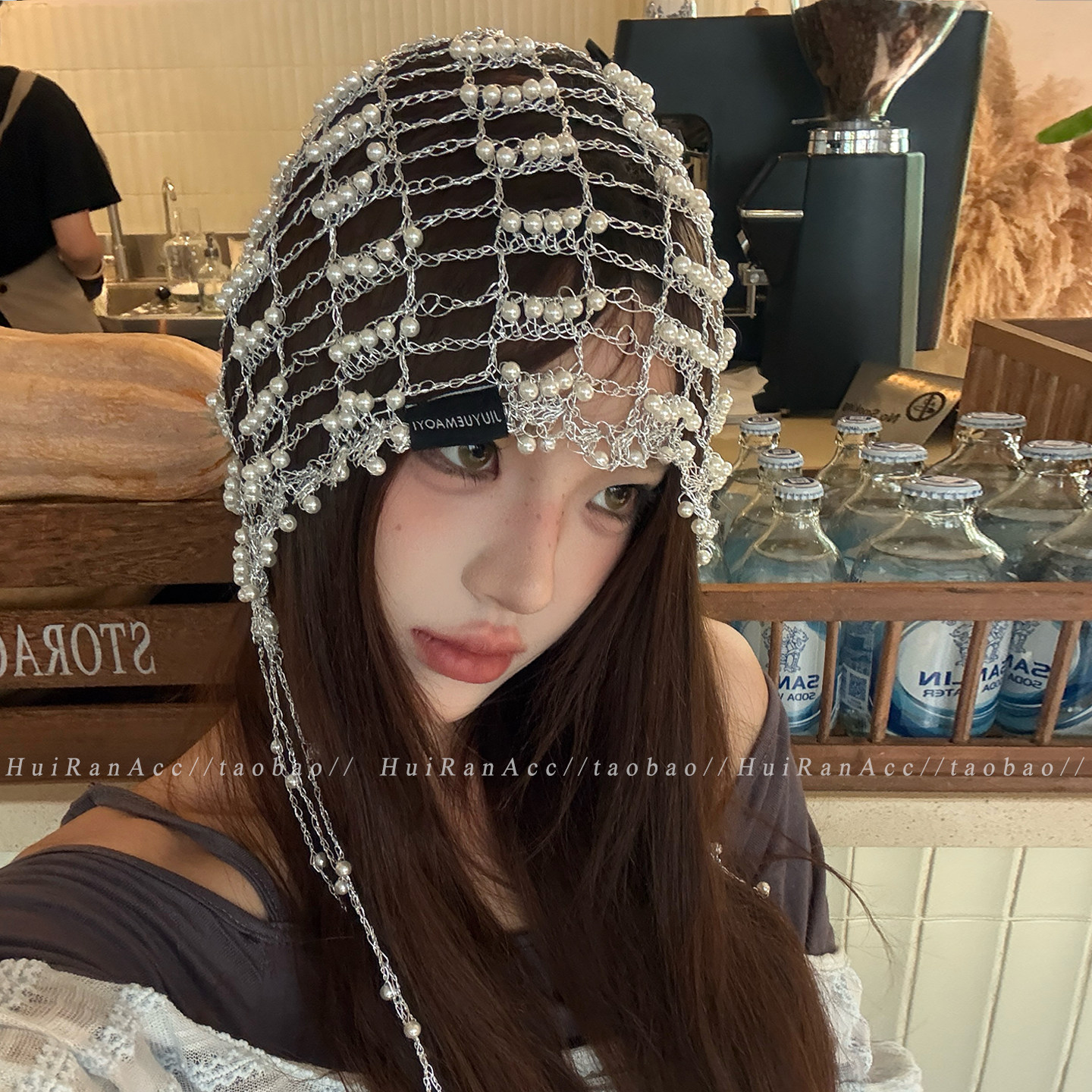 手工编织珍珠银色镂空帽子女小众设计感显脸小包头帽流苏套头帽子