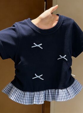 女童纯棉短袖上衣2026新款宝宝立体蝴蝶结公主风花边格子裙摆T恤