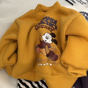 儿童加绒加厚卫衣冬装2025新款韩版男女宝宝米奇印花圆领保暖上衣