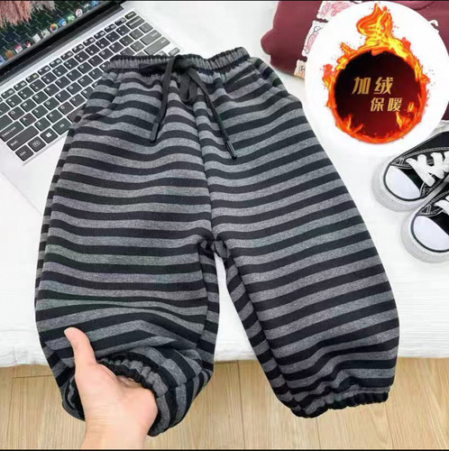 巨好看新款儿童秋冬季加绒裤子一体绒加厚洋气条纹百搭卫裤运动裤