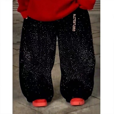 冬季新款加绒加厚新年满天星烫钻重工运动裤宽松阔腿裤休闲长裤潮