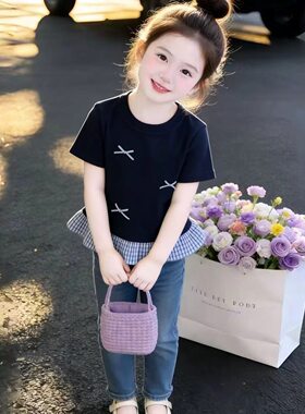 女童2026潮款可爱格子裙摆T恤拼接上衣宝宝洋气短袖夏季装时尚薄t