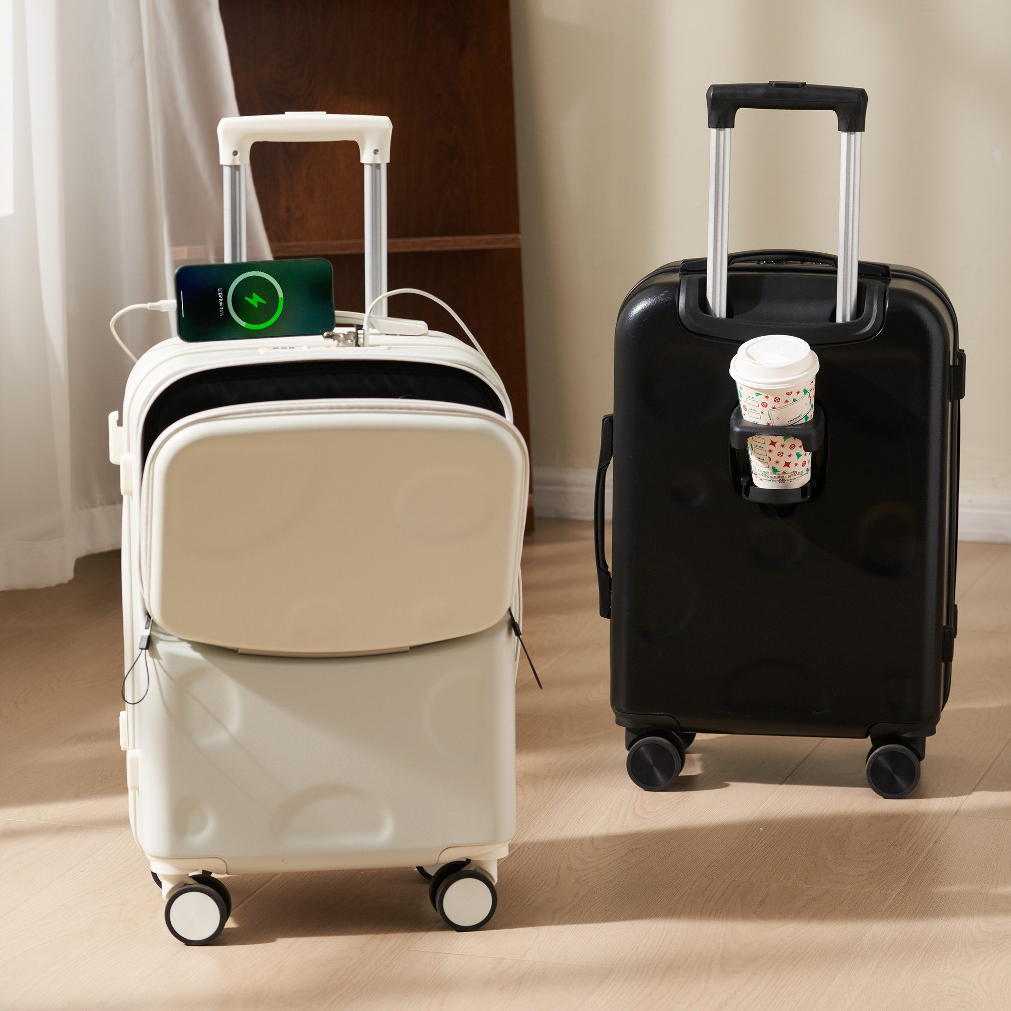 卡黛迩可充电行李箱女20寸万向轮拉杆箱前置开口密码旅行箱24轻便