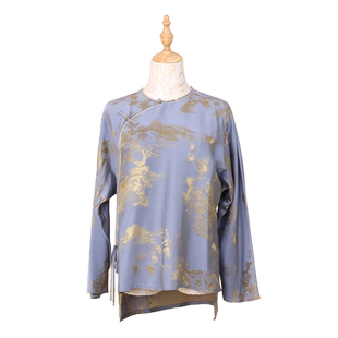 瑞蚨祥新中式国风唐装桑蚕丝盘扣上衣女复古提花改良宽松圆领衬衫