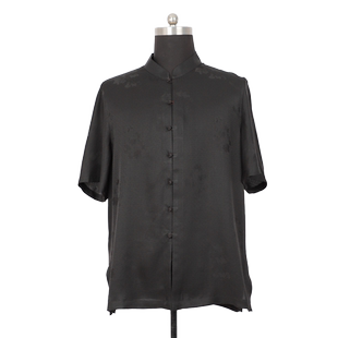 瑞蚨祥红云纱男装中国风花罗桑蚕真丝夏季短袖上衣中老年盘扣唐装