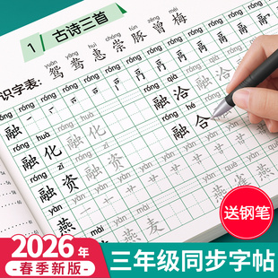 2026新版 语文同步字帖小学生专用练字本练习写字生字每日一练描红3年级一二类字硬笔书法部编笔画笔顺 三年级上册下册练字帖人教版