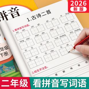 二年级看拼音写词语字帖上册下册小学生专用人教版默写天天练生字同步组词拼读专项训练练字帖默写纸练习册描红写字本每日一练语文