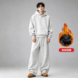 青少年秋冬时髦圆领加绒卫衣男装潮流帅气初高中学生搭配运动套装
