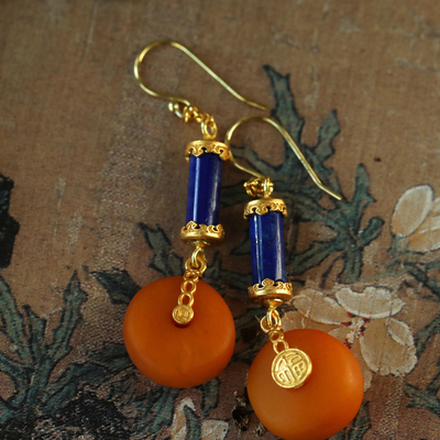 纯银琥珀蜜蜡青金石复古风长耳坠