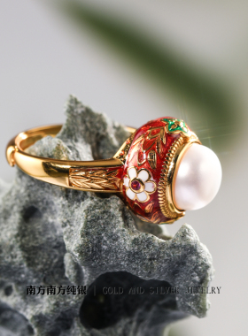 纯银珍珠复古风泰国手工开口戒指