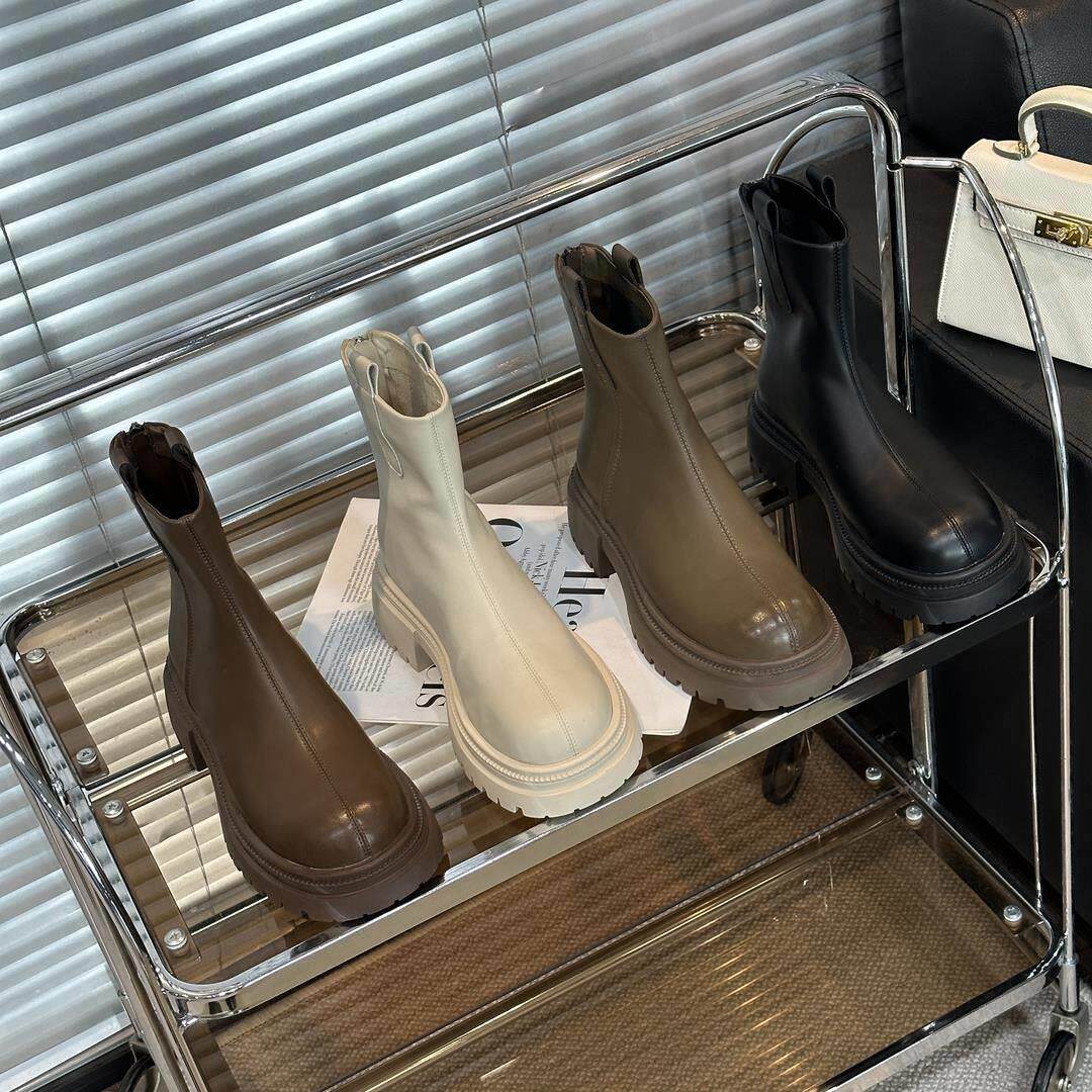 xiefurn/鞋夫人百搭厚底瘦瘦靴女2023春秋英伦风圆头粗跟中筒短靴