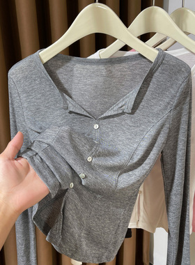 灰色V领薄款套头小外套上衣女春秋2026新款设计感显瘦针织长袖t恤