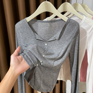 灰色V领薄款套头小外套上衣女春秋2026新款设计感显瘦针织长袖t恤