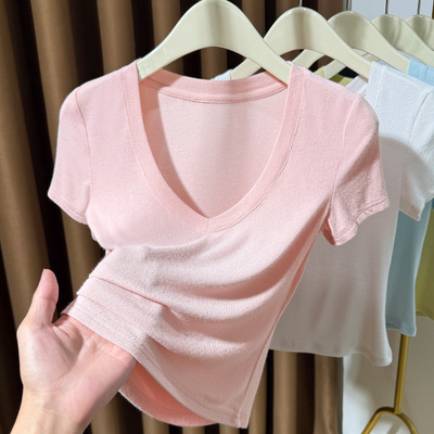 粉色深V领冰丝针织t恤短袖