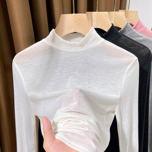 白色半高领天丝打底衫女秋冬新款超薄针织衫女长袖内搭洋气小衫女