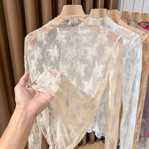 秋冬半高领蕾丝打底衫女内搭叠穿高级感洋气小衫长袖薄款网纱上衣