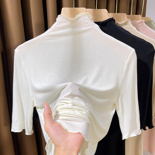 超薄中高领莫代尔短袖t恤女夏季木耳边内搭打底衫超弹肌底衣中袖