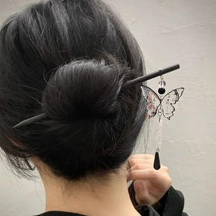 水墨蝴蝶书法平安扣流苏发簪清雅古风清冷感发钗女新中式发饰