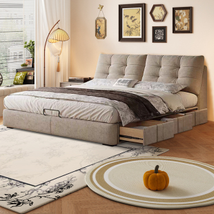 格调宣言意式极简奶油风靠背软床收纳储物1.8m双人雪尼尔绒布艺床