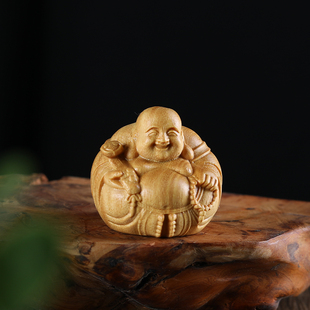 天然实木 黄金木雕弥勒佛木质笑佛工艺礼品一团和气原木雕刻佛像