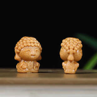 檀香木双面雕刻卡通福气小佛文玩手串配件福气满满手链钥匙扣挂件