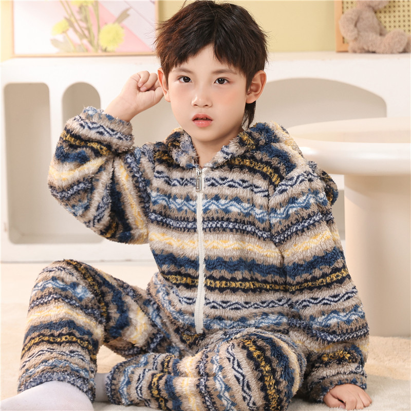 男童加绒外套冬装2026新款中大男孩加厚毛毛衣儿童保暖家居服套装