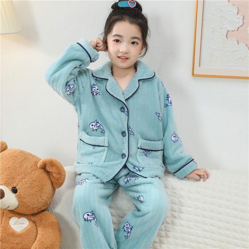 女童睡衣中大童秋冬珊瑚绒儿童法兰绒加绒套装冬季加厚女孩亲子