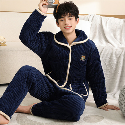 睡衣男士秋冬季加厚加绒珊瑚绒三层夹棉袄冬款冬天超厚男生家居服