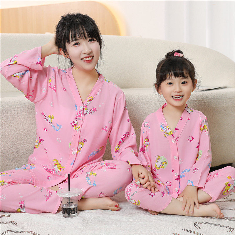 女童绵绸睡衣夏季亲子薄款棉绸可爱小女孩套装中大儿童母女家居服