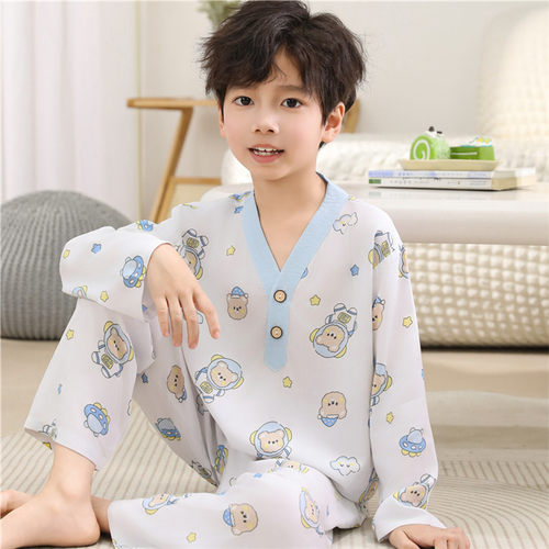 夏季儿童棉绸睡衣套装薄款宝宝中大童空调服男孩绵绸女孩家居服