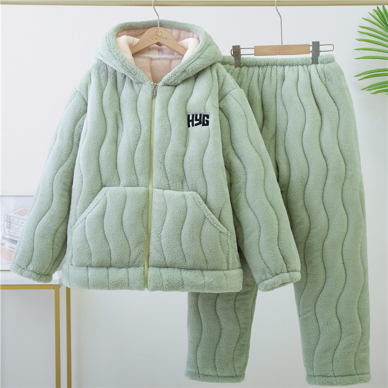 冬季新款睡衣女特厚超厚三层夹棉情侣款加绒加厚保暖男家居服套装